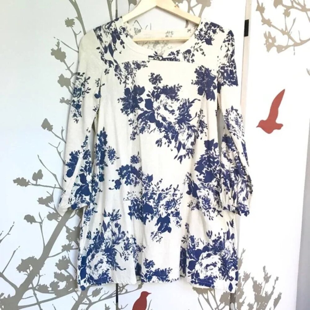 French Blue Floral Linen Dress with Pockets
